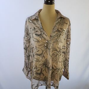 Zara Oversized Floral Sequin Sheer Blouse Dusty Pink Black - L